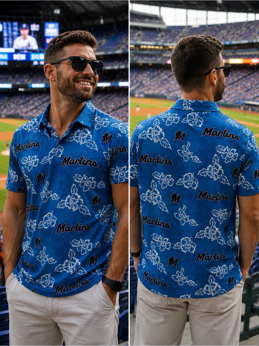 🆕 Miami Marlins Reyn Spooner Hawaiian Performance Polo Shirt Men’s Medium NWT